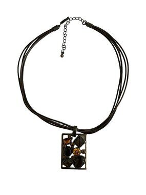 Vintage Park Lane Necklace Multi Strand Brown Cord Geometric Pendant Amber Rhine